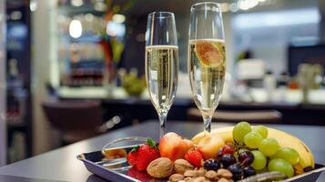 un' vassoio pieno con fresco frutta noccioline e Champagne bicchieri segnalazione un' coccole sessione con un' capelli trattamento a Questo salone foto