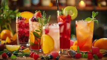 un assortimento di colorato e rinfrescante cocktail analcolici fatto con fresco frutta e erbe aromatiche visualizzato su un' tavolo circondato di contento i clienti foto