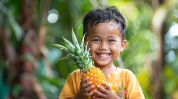 un' giovane bambino con orgoglio viene visualizzato loro primo ananas intaglio un' semplice ma affascinante design quello riflette loro creatività e entusiasmo foto