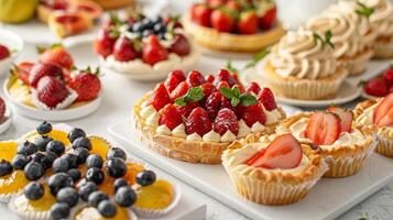 un' meravigliosamente decorato buffet diffusione con un Vettore di fresco frutta pasticcini e mini torte salate per il brunch ospiti foto