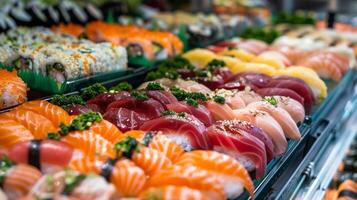 un' colorato e vivace frutti di mare Schermo a un' Locale pesce mercato offerta un' largo selezione di alta qualità pesce per casa preparazione del sushi foto