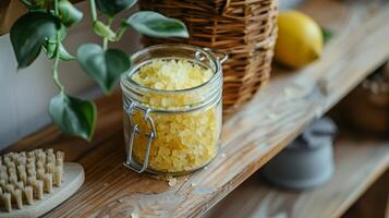 un' vaso di Limone profumato alla scorza bagno sali seduta su un' di legno mensola con un' bagno spazzola Il prossimo per esso foto