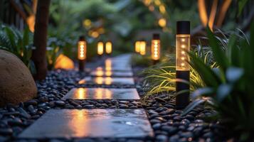 un' sbalorditivo giardino sentiero foderato con alimentato ad energia solare palo luci fornire un' sostenibile e conveniente illuminazione soluzione foto