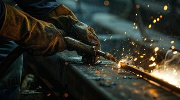 il costante mani di un' lavoratore guida il saldatura torcia lungo il esposto cucitura di un' metallo superficie foto