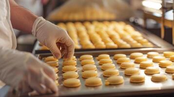 il istruttore guide il uomini attraverso il passaggi di fabbricazione un' perfettamente d'oro lotto di francese macarons foto