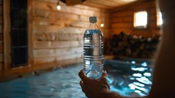 un' persona detiene un' bottiglia di acqua come essi Uscita il sauna rifornimento loro fluidi dopo un' sessione quello ridotto loro indietro dolore. foto