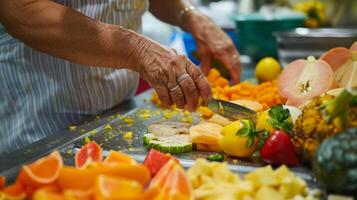 un' tropicale frutta preservazione laboratorio con partecipanti apprendimento Come per rendere frutta pelle utilizzando un' varietà di diverso frutta foto