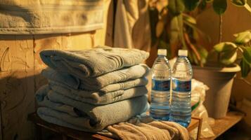 un' pila di asciugamani e acqua bottiglie pronto per veterani per uso durante loro sauna terapia. foto