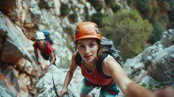 un' coppia si arrampica un' attraverso ferrata loro messa a fuoco interamente su il presente momento e il brivido di il avventura foto