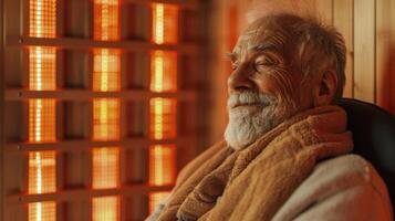 un più vecchio uomo utilizzando un infrarosso sauna per alleviare il suo cronico indietro dolore scoperta immenso sollievo e anche in grado per diminuire il suo dolore farmaco. foto