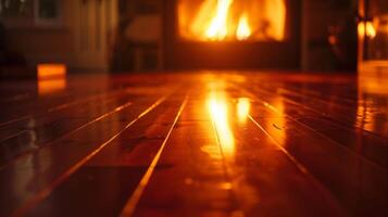il morbido splendore di il fuoco riflette via di il lucidato di legno pavimento la creazione di un' caldo e invitante atmosfera. 2d piatto cartone animato foto