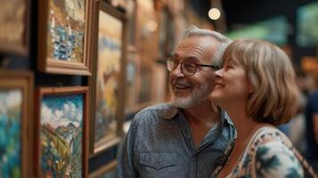 un' coppia discutere loro la pensione piani come essi navigare attraverso un' selezione di opera d'arte a un tenuta vendita ammirazione il qualità e artigianato foto