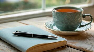 un' rivista e penna Il prossimo per un' tazza di erbaceo tè simboleggiante quotidiano riflessione durante il sfida foto