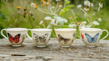 un' impostato di tazze da tè con sottosmalto illustrazioni di diverso tipi di farfalle e loro habitat. foto
