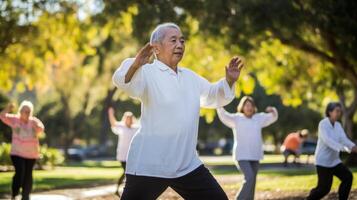 Abbracciare una persona la pensione con tai chi un' dolce lento flusso di movimento può essere visto nel un' parco come pensionati pratica il tranquillo, calmo e meditativo arte di tai chi circondato di il sereno foto