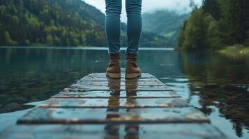 un' persona sta su un' bacino di un' tranquillo, calmo lago assunzione in profondità respiri e sensazione il ritmo di il acqua per trova interno pace foto