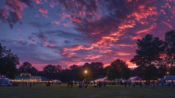 come il sera progredisce il cielo trasforma in un' mozzafiato mescolare di rosa arance e viola la creazione di un' pittoresco sfondo per frequentatori della fiera per catturare ricordi foto