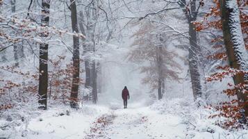 un' uomo assunzione un' vivace camminare nel il boschi circondato di coperto di neve alberi e il serenità di natura foto
