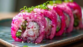 un' frutti di mare Sushi rotolo avvolto nel luminosa rosa riso fatto a partire dal cucinato ibisco mini cuffie per un' divertimento e unico Guarda foto