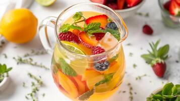 un' bicchiere brocca pieno con un' colorato e rinfrescante mocktail sormontato con fresco frutta e erbe aromatiche fatto utilizzando il Fai da te mocktail lavorazione kit foto