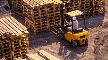 un' lavoratore operativo un' carrello elevatore a forca in movimento pallet di edificio materiale per diverso le zone di il luogo foto