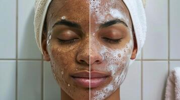 un' prima e dopo confronto di un' persone ruvido asciutto pelle e liscio raggiante pelle dopo incorporare regolare sauna e esfoliazione in loro cura della pelle routine. foto