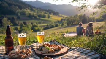 un' tranquillo, calmo panoramico Visualizza di un' Tedesco campagna con un' picnic coperta diffusione su e un' coppia godendo non alcolico birra e delizioso spuntini foto