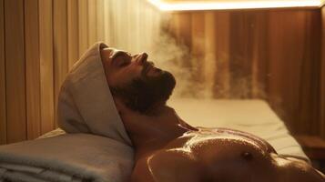 un' uomo posa giù dentro un' sauna con un' asciugamano avvolto in giro il suo testa e sudore visibilmente gocciolante giù il suo corpo dimostrando il disintossicante effetti di infrarosso calore su il cardiovascolare foto