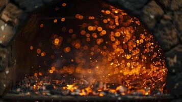 il ipnotizzante vista di raggiante brace come ceramica pezzi siamo licenziato nel un' piccolo forno. 2d piatto cartone animato foto