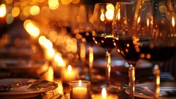 un' lungo elegante tavolo foderato con raggiante candele e bicchieri di vino è il Perfetto centrotavola per il sera. 2d piatto cartone animato foto