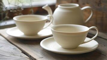 un' impostato di delicato tè tazze e piattini fatto a partire dal leggero e durevole porcellana carta argilla. foto