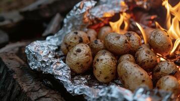 un' clic campeggio di base queste avvolto in un foglio di alluminio fuoco di bivacco patate siamo un' semplice e delizioso aggiunta per qualunque all'aperto pasto. godere il delizioso aroma e imbattibile gusto di questi foto