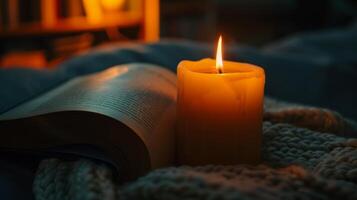 il tremolante arancia leggero di il candele crea un' sognante e poetico atmosfera Perfetto per il lettura. 2d piatto cartone animato foto