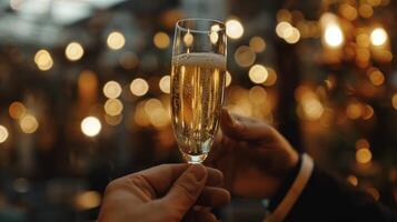 un' mano Tenere un' alto bicchiere di pieno di bolle zeroalcol Champagne un' di base bevanda nel un' stile francese sera aperitivo foto