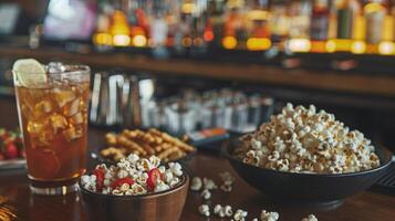il bar offerte un' varietà di bar spuntini e Antipasti Compreso buongustaio Popcorn e Charerie tavole per complemento il bevande foto