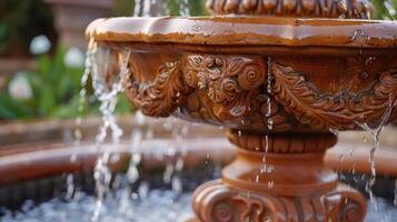 un' terracotta Fontana suo liscio superficie ornato con intricato intagli e fluente acqua. foto