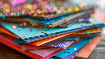 un' pila di fatto a mano carte ogni uno unico e decorato con colorato paillettes e luccichio creato di il gruppo durante loro lavorazione sessione alimentato di rinfrescante bicchieri di melograno foto