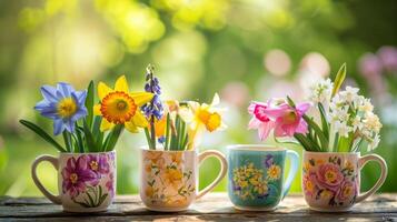 un' impostato di quattro ceramica tazze ogni ornato con un' diverso primavera fiore gigli giacinti tulipani e giunchiglie Perfetto per godendo un' tazza di tè nel il giardino. foto