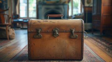 un Immagine di un' Vintage ▾ valigia confezionato con viaggio essenziali simboleggiante il coppie prontezza per imbarcarsi su nuovo avventure nel loro d'oro anni foto