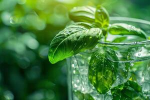 fresco basilico rametti nel un' bicchiere di acqua, vicino su con enfasi su il freschezza e vivido verde foto