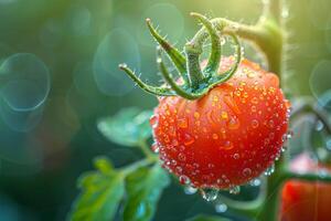 vicino su di un' rugiada baciato pomodoro su il vite, vivace rosso contro un' morbido verde sfondo foto