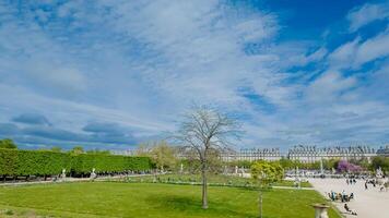 primavera nel Parigi, Francia con persone godendo un' soleggiato giorno nel un' lussureggiante verde parco, catturato su aprile 14, 2024, ideale per Pasqua e viaggio temi foto