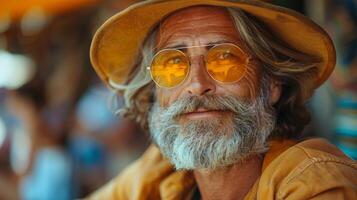 elegante anziano uomo con barba indossare giallo cappello e bicchieri in posa casualmente foto