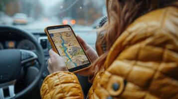 donna utilizzando smartphone GPS carta geografica nel auto durante inverno foto