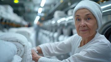 anziano donna Lavorando nel un' lavanderia servizio, struttura sorridente a telecamera foto