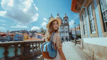 giovane donna turista esplorando storico europeo città di Chiesa foto
