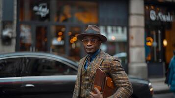 elegante uomo nel cappello con ventiquattrore su urbano strada foto