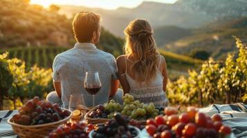 romantico coppia godendo vigneto tramonto con buongustaio picnic foto