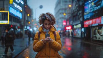 giovane donna sms su smartphone nel piovoso città scena foto