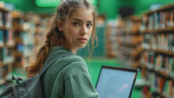 Università alunno studiando nel biblioteca con il computer portatile foto